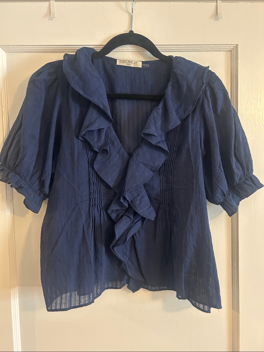 GEORGIE Aimee Navy Ruffled V-Neck Blouse